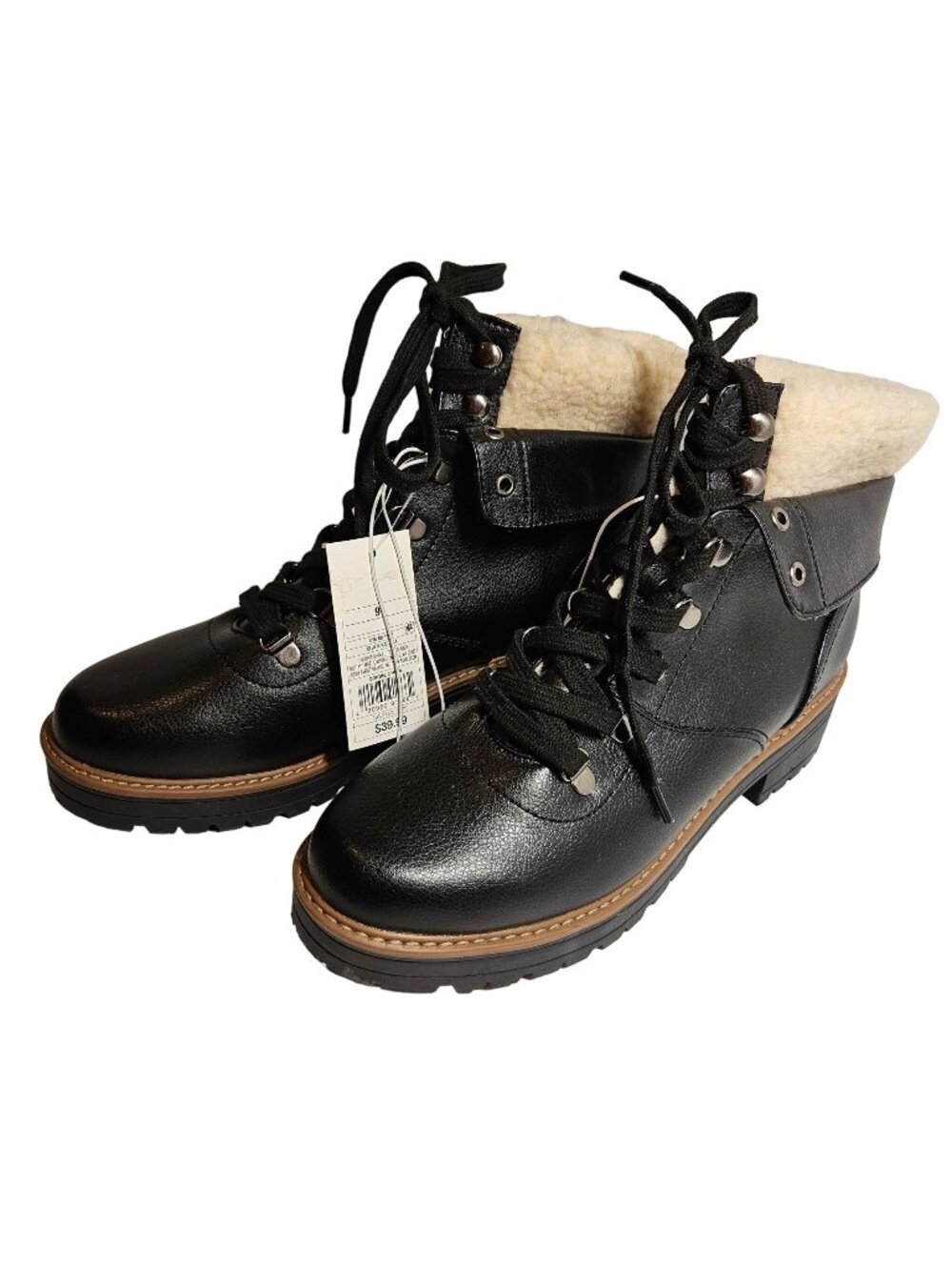 NWT Universal Thread Boots Womens 9.5 Karissa Black Lace Up Ankle Faux Sherpa